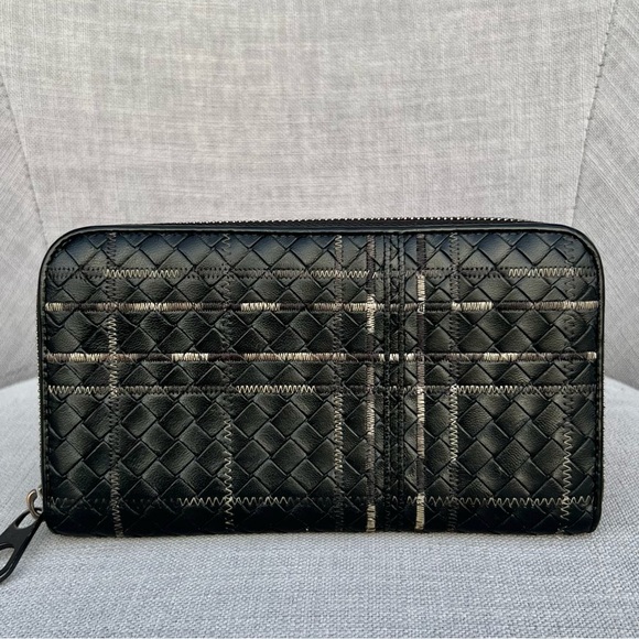 Bottega Veneta Handbags - RARE BOTTEGA VENETA Anthracite Black Weave Intrecciato Zip Around Long Wallet
